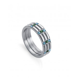 Viceroy Kiss ring in steel with 3 strips with blue and green zircons