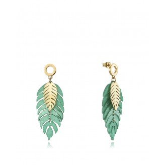 Viceroy Chic earrings in golden steel in the shape of two leaves, one in green resin and the other small in gold