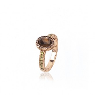 Rose gold plated silver ring, smoky quartz and zircons