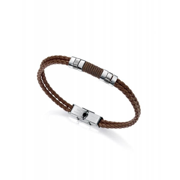 Viceroy Air bracelet in double braided leather in brown, brown cord in the center with 3 pieces of steel on each side