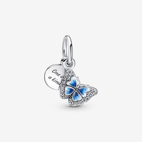 Double Blue Butterfly Pendant Charm and Quote