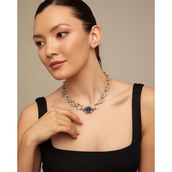 COLLAR UNODE50 BAÑO PLATA ESLABONES CRISTAL AZUL