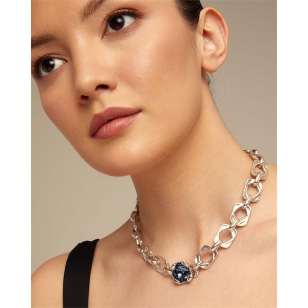 COLLAR UNODE50 BAÑO PLATA ESLABONES CRISTAL AZUL