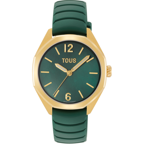 Reloj bicolor analógico con movimiento suizo, esfera de nácar y correa de caucho verde TOUS Now Lady