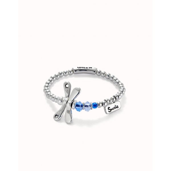 Pulsera elastica con libélula bañada en plata de ley con cristales azules