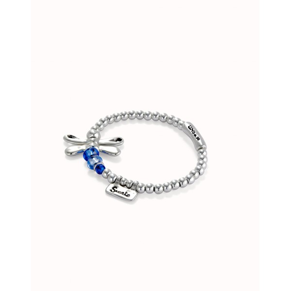 Pulsera elastica con libélula bañada en plata de ley con cristales azules