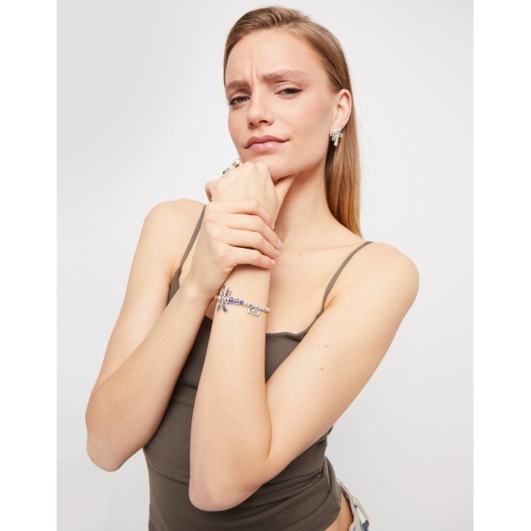 Pulsera elastica con libélula bañada en plata de ley con cristales azules