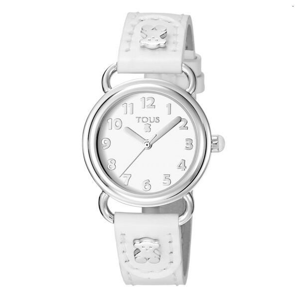 Steel Baby Bear watch with white leather strap