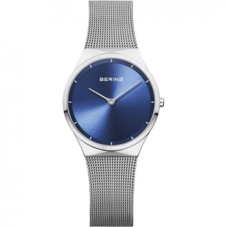 Minimalist silver women's watch with indicators and blue dial